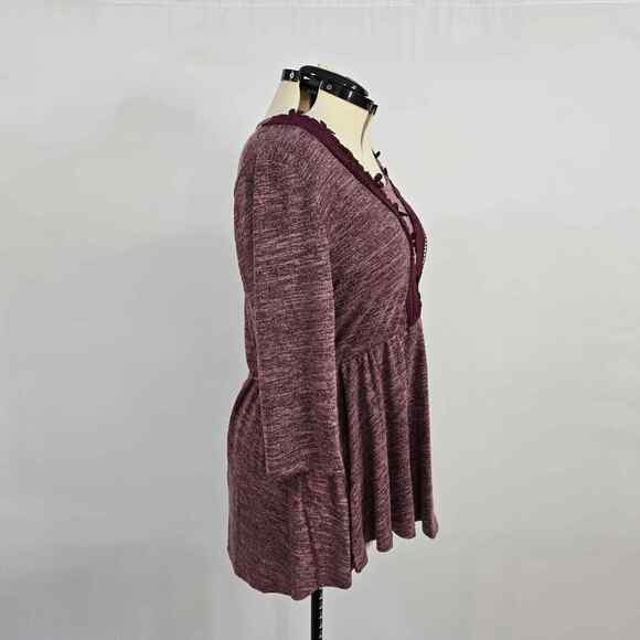Bloomchic Blouse Women's 1X Plus Knit Round Neck Lace Long Sleeve Burgundy NWT - Picture 6 of 8